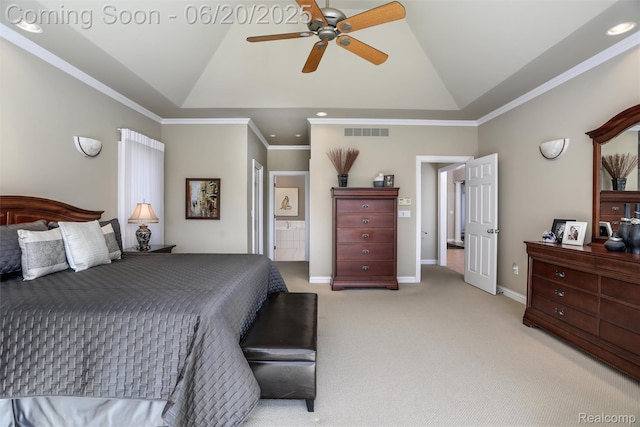 5007 Rockaway Ln, Clarkston, MI 48348 - bedroom with lofted ceiling, light carpet, ornamental molding, and ceiling fan