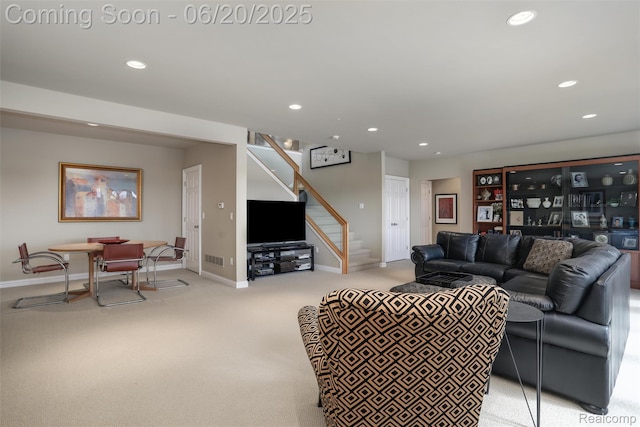 5007 Rockaway Ln, Clarkston, MI 48348 - carpeted living room featuring recessed lighting and stairway