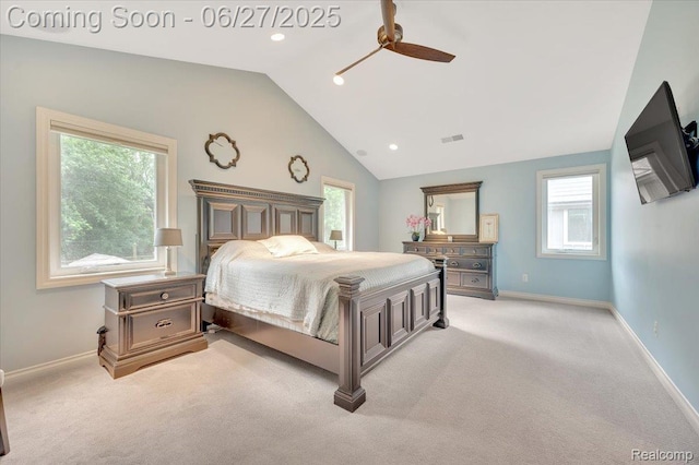 240 Red Oak Ln, Rochester Hills, MI 48307 - bedroom featuring vaulted ceiling, light colored carpet, multiple windows, ceiling fan, and recessed lighting