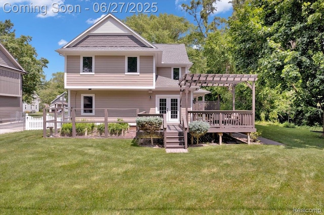 240 Red Oak Ln, Rochester Hills, MI 48307 - back of house featuring a pergola, a wooden deck, french doors, and a shingled roof