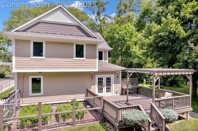 240 Red Oak Ln, Rochester Hills, MI 48307 - back of property with french doors, a wooden deck, roof with shingles, and a pergola
