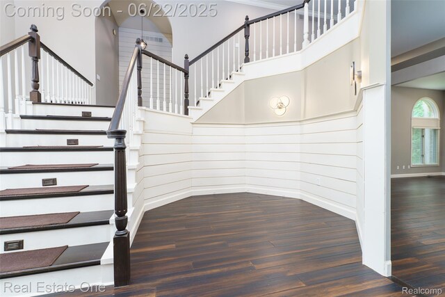 5258 Hidden Pines Dr, Brighton, MI 48116 - stairway featuring wood finished floors, wooden walls, and a towering ceiling