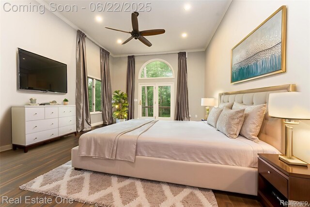 5258 Hidden Pines Dr, Brighton, MI 48116 - bedroom featuring wood finished floors, ornamental molding, recessed lighting, and ceiling fan