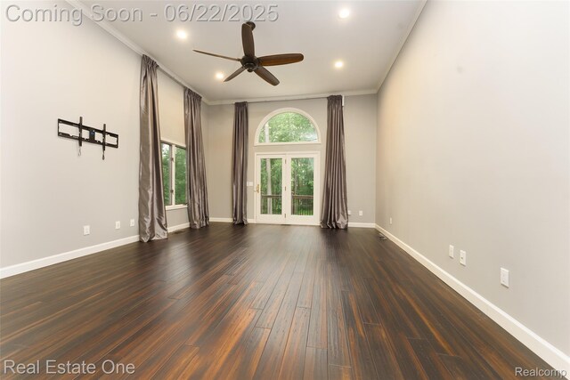 5258 Hidden Pines Dr, Brighton, MI 48116 - unfurnished room with a ceiling fan, dark wood-style floors, ornamental molding, and recessed lighting