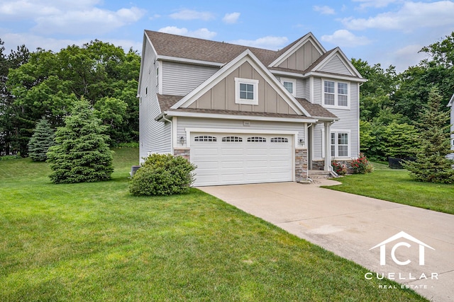 9365 Windward Dr, West Olive, MI 49460 - craftsman-style home with board and batten siding, driveway, a front yard, roof with shingles, and stone siding