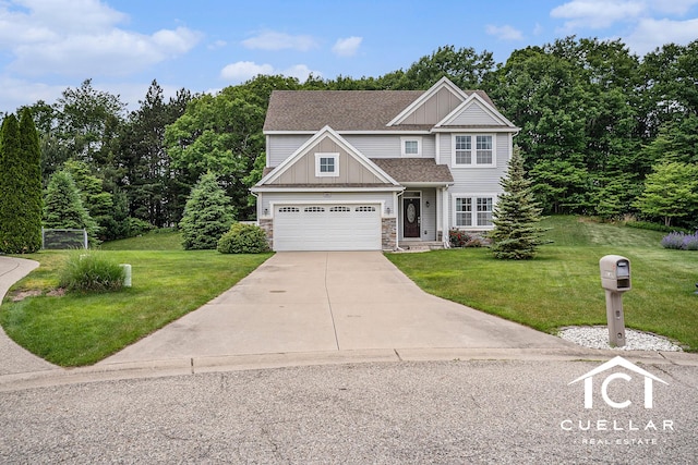 9365 Windward Dr, West Olive, MI 49460 - view of front of home with board and batten siding, stone siding, driveway, a front yard, and a garage