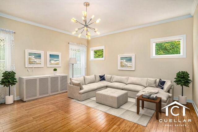 9365 Windward Dr, West Olive, MI 49460 - living area with a chandelier, light wood finished floors, healthy amount of natural light, and crown molding
