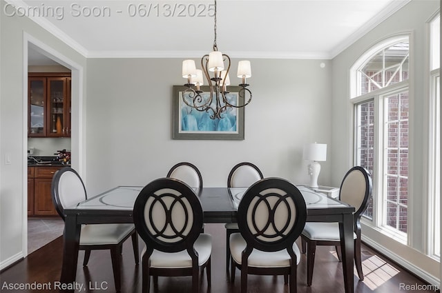 48392 Binghampton Dr, Northville, MI 48168 - dining room featuring a chandelier, crown molding, and dark wood-style flooring