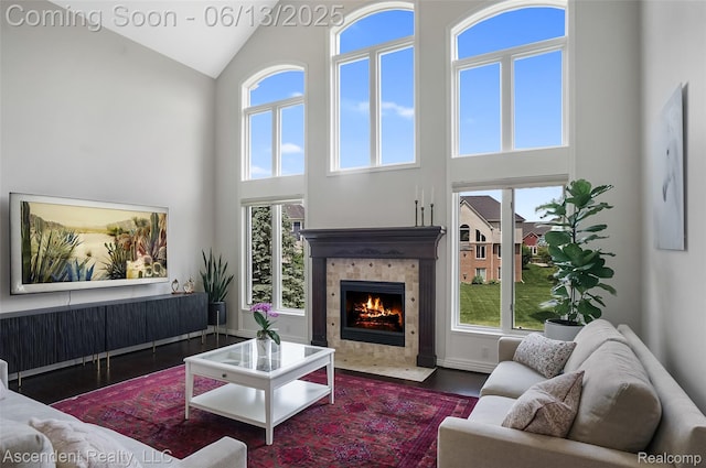 48392 Binghampton Dr, Northville, MI 48168 - living area featuring high vaulted ceiling, a tiled fireplace, and wood finished floors