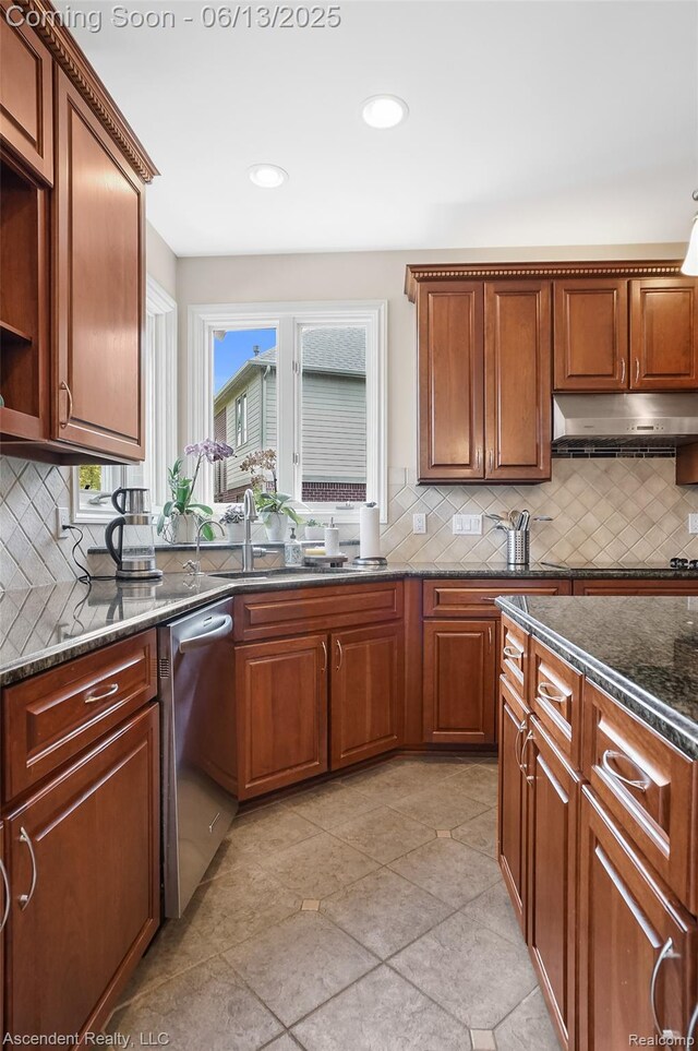 48392 Binghampton Dr, Northville, MI 48168 - kitchen with dishwasher, under cabinet range hood, tasteful backsplash, and recessed lighting