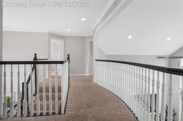 48392 Binghampton Dr, Northville, MI 48168 - hall with carpet, recessed lighting, crown molding, and an upstairs landing