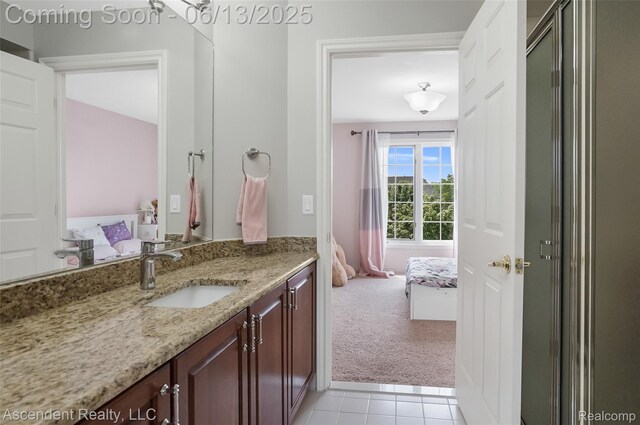 48392 Binghampton Dr, Northville, MI 48168 - full bathroom featuring ensuite bath, vanity, tile patterned flooring, and a shower with shower door