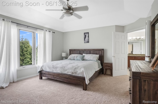 48392 Binghampton Dr, Northville, MI 48168 - bedroom featuring light carpet, a raised ceiling, and a ceiling fan