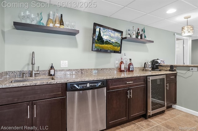 48392 Binghampton Dr, Northville, MI 48168 - kitchen featuring stainless steel dishwasher, open shelves, wine cooler, dark brown cabinetry, and light stone counters