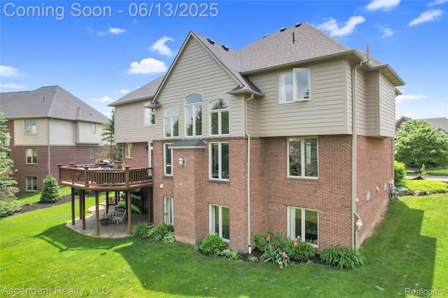 48392 Binghampton Dr, Northville, MI 48168 - back of house featuring a lawn, a wooden deck, a patio, and brick siding