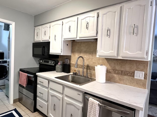 3676 Brentwood St Unit 30, Norton Shores, MI 49441 - kitchen with stainless steel appliances, white cabinets, light tile patterned floors, and decorative backsplash