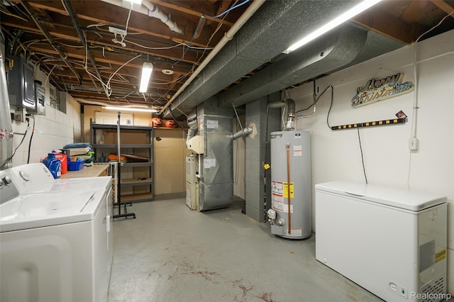 1348 Tull Dr, Waterford, MI 48327 - unfinished below grade area with gas water heater, fridge, independent washer and dryer, heating unit, and electric panel