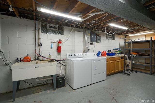 1348 Tull Dr, Waterford, MI 48327 - unfinished basement featuring washing machine and clothes dryer, concrete block wall, and electric panel