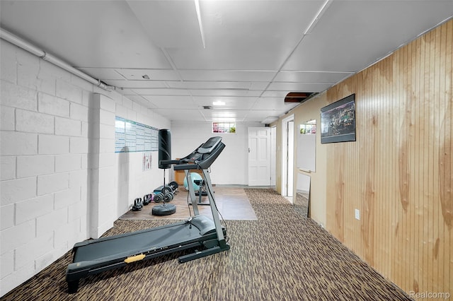 1348 Tull Dr, Waterford, MI 48327 - exercise room featuring concrete block wall, carpet, and wooden walls