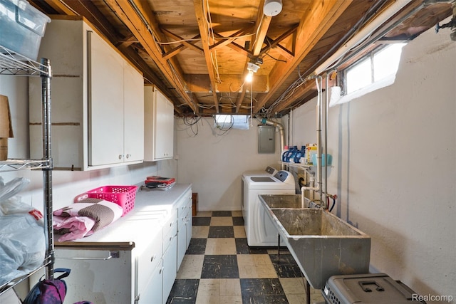 11214 Canal Rd, Sterling Heights, MI 48314 - laundry room with cabinet space, tile patterned floors, electric panel, and washing machine and dryer