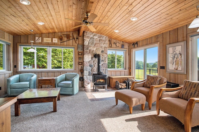 2347 W W Dowling Rd, Delton, MI 49046 - living room featuring a wood stove, vaulted ceiling, wood ceiling, healthy amount of natural light, and wooden walls