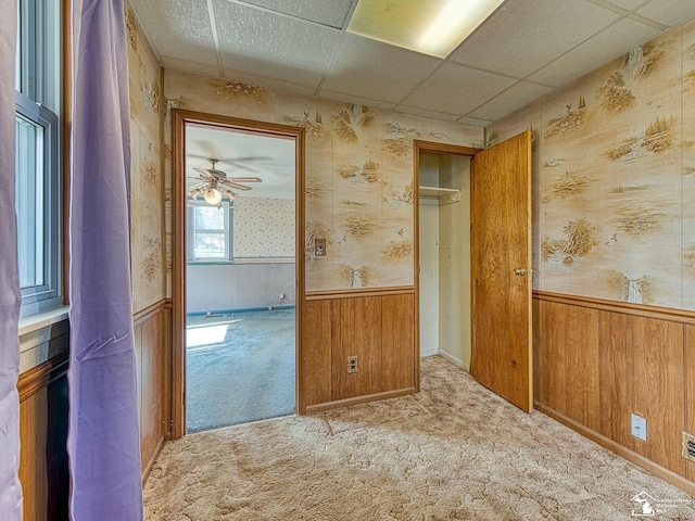 2109 Spaulding Rd, Monroe, MI 48162 - carpeted spare room with wallpapered walls, a wainscoted wall, wooden walls, and a drop ceiling