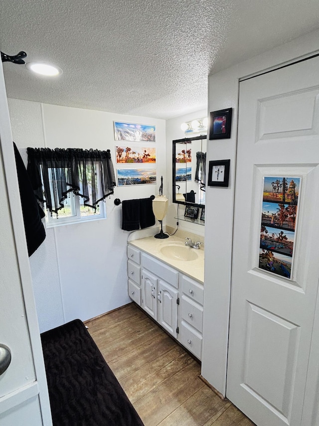 21794 30th Ave, Barryton, MI 49305 - bathroom featuring vanity, wood finished floors, and a textured ceiling