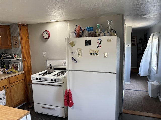 21794 30th Ave, Barryton, MI 49305 - kitchen with white appliances, brown cabinets, a textured ceiling, and light countertops