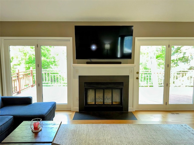 6771 Foxboro, Brighton, MI 48116 - living room featuring healthy amount of natural light, a fireplace with flush hearth, and wood finished floors