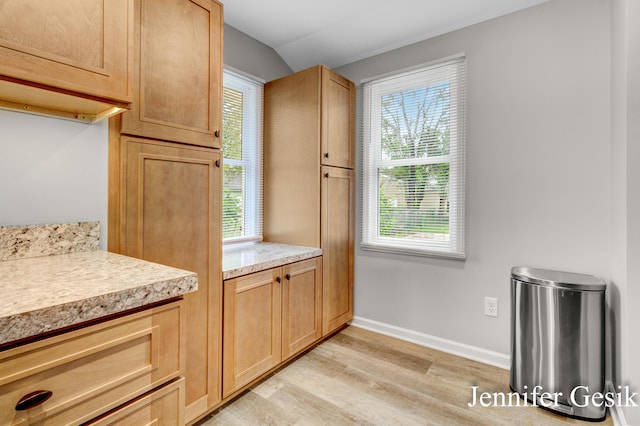 932 Kentfield St SW, Wyoming, MI 49509 - kitchen with light wood-type flooring, light countertops, and vaulted ceiling