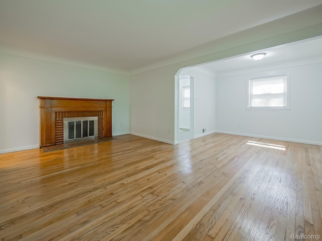 23740 Lee Baker Dr, Southfield, MI 48075 - unfurnished living room with light wood-type flooring, arched walkways, and a fireplace