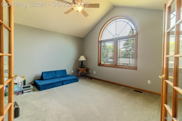 15980 Monterey St, Southgate, MI 48195 - unfurnished room featuring carpet, a ceiling fan, vaulted ceiling, and french doors