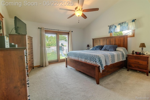 15980 Monterey St, Southgate, MI 48195 - bedroom featuring light carpet, access to exterior, vaulted ceiling, and a ceiling fan