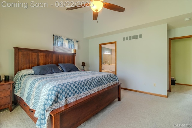 15980 Monterey St, Southgate, MI 48195 - bedroom featuring light colored carpet, ceiling fan, ensuite bathroom, and a towering ceiling