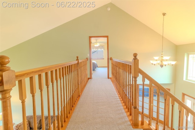 15980 Monterey St, Southgate, MI 48195 - hall featuring an upstairs landing, carpet, a chandelier, and high vaulted ceiling