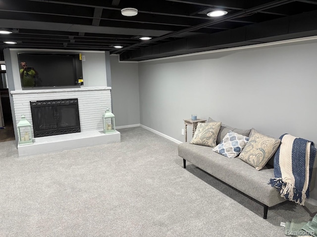 2211 Parkside St, Trenton, MI 48183 - carpeted living room with a fireplace with raised hearth and baseboards