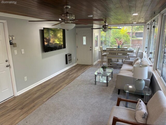 2211 Parkside St, Trenton, MI 48183 - living room featuring wood ceiling, wood finished floors, ceiling fan, and heating unit