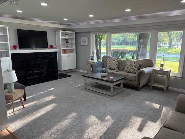 2211 Parkside St, Trenton, MI 48183 - carpeted living room featuring recessed lighting and a fireplace with flush hearth
