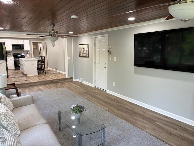 2211 Parkside St, Trenton, MI 48183 - living room featuring a ceiling fan, wood ceiling, wood finished floors, and recessed lighting