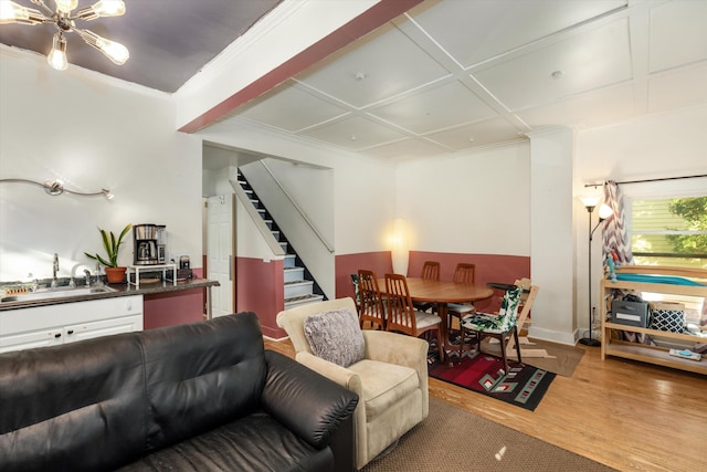 626 Hiscock St, Ann Arbor, MI 48103 - living area with stairway, wood finished floors, crown molding, and coffered ceiling