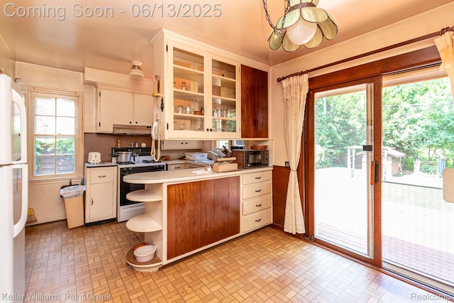 526 W Webster Rd, Royal Oak, MI 48073 - kitchen with white appliances, a peninsula, open shelves, light countertops, and glass insert cabinets