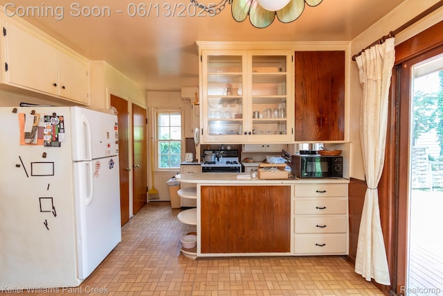 526 W Webster Rd, Royal Oak, MI 48073 - kitchen featuring freestanding refrigerator, open shelves, black microwave, light countertops, and plenty of natural light