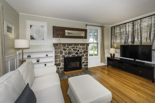 3444 Broad St, Dexter, MI 48130 - living room featuring wood finished floors, ornamental molding, a stone fireplace, wainscoting, and a decorative wall