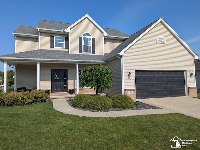 696 Webber Dr, Temperance, MI 48182 - view of front of house with concrete driveway, a front yard, brick siding, a porch, and a garage