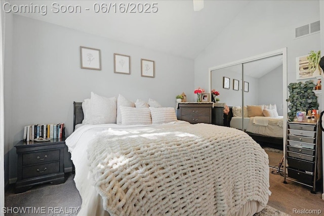 50064 Josephine Dr, Macomb, MI 48044 - carpeted bedroom featuring lofted ceiling, a closet, and a ceiling fan