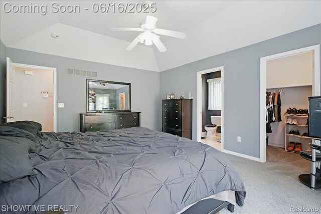 50064 Josephine Dr, Macomb, MI 48044 - bedroom featuring carpet floors, vaulted ceiling, a spacious closet, ensuite bathroom, and ceiling fan