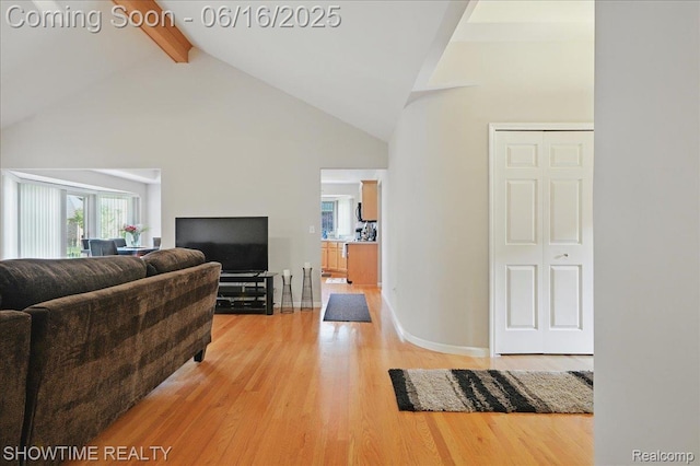 50064 Josephine Dr, Macomb, MI 48044 - living area featuring high vaulted ceiling, beam ceiling, and light wood finished floors