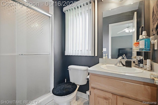 50064 Josephine Dr, Macomb, MI 48044 - bathroom with a shower stall, vanity, tile patterned flooring, and ceiling fan