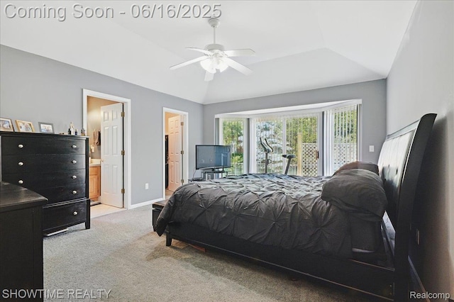 50064 Josephine Dr, Macomb, MI 48044 - bedroom with light colored carpet, vaulted ceiling, ensuite bath, access to exterior, and a ceiling fan