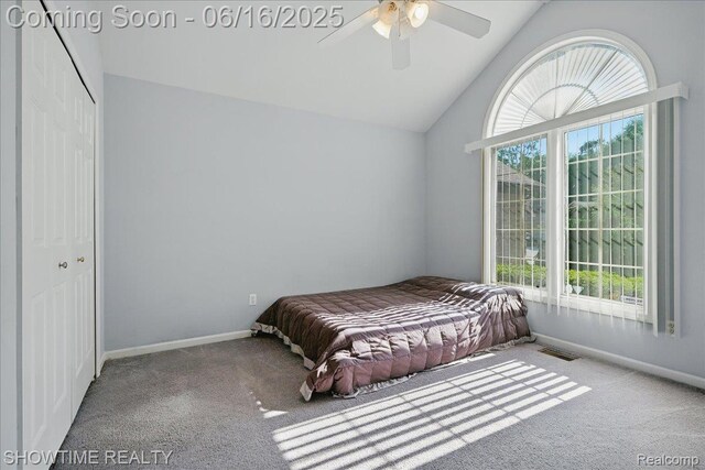 50064 Josephine Dr, Macomb, MI 48044 - bedroom with carpet, vaulted ceiling, a closet, and ceiling fan